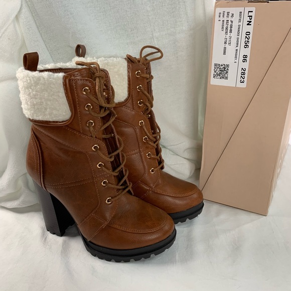 Lug Sole Platform Boots 4” Heel Shandee Sherpa Just Fabulous Saddle Brown Size 6 - Picture 4 of 6